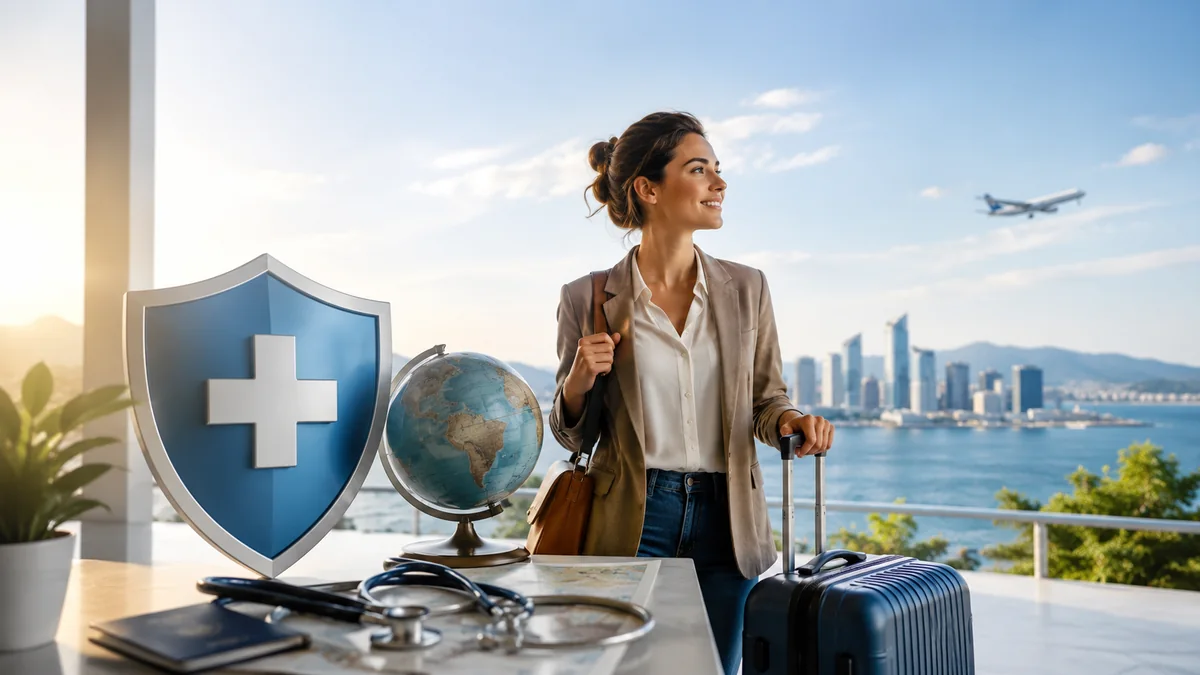 Auswanderin mit Koffer und Blick auf internationale Krankenversicherung