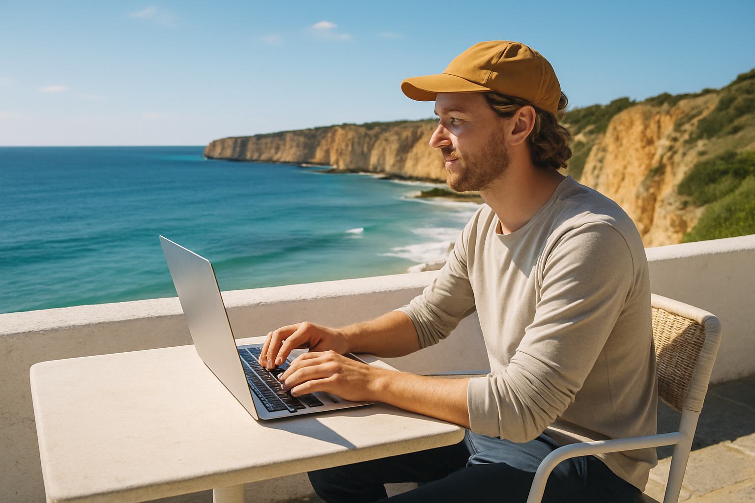 Digitaler Nomade mit Laptop an einem sonnigen portugiesischen Küstenort