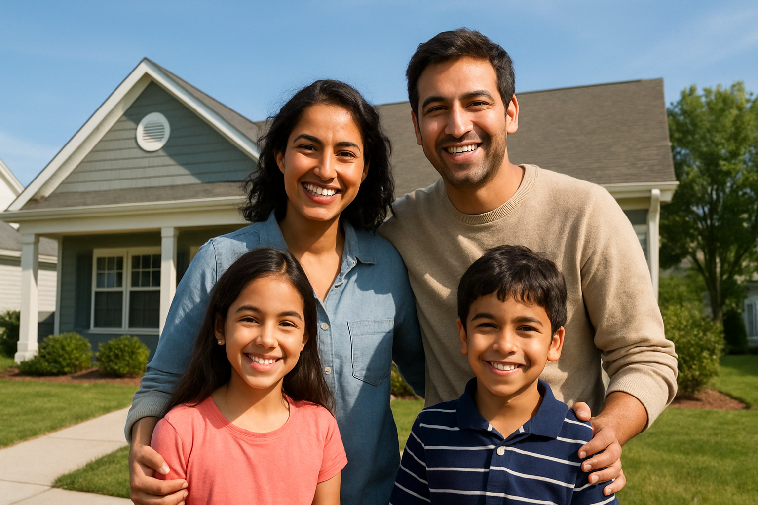 Glückliche Expat-Familie vor einem Haus in den USA mit blauem Himmel