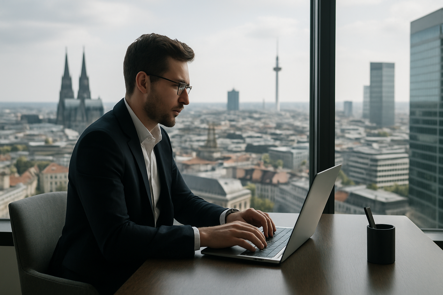 Geschäftsperson mit Laptop am Fenster eines modernen Büros mit Blick auf deutsche Stadtlandschaft