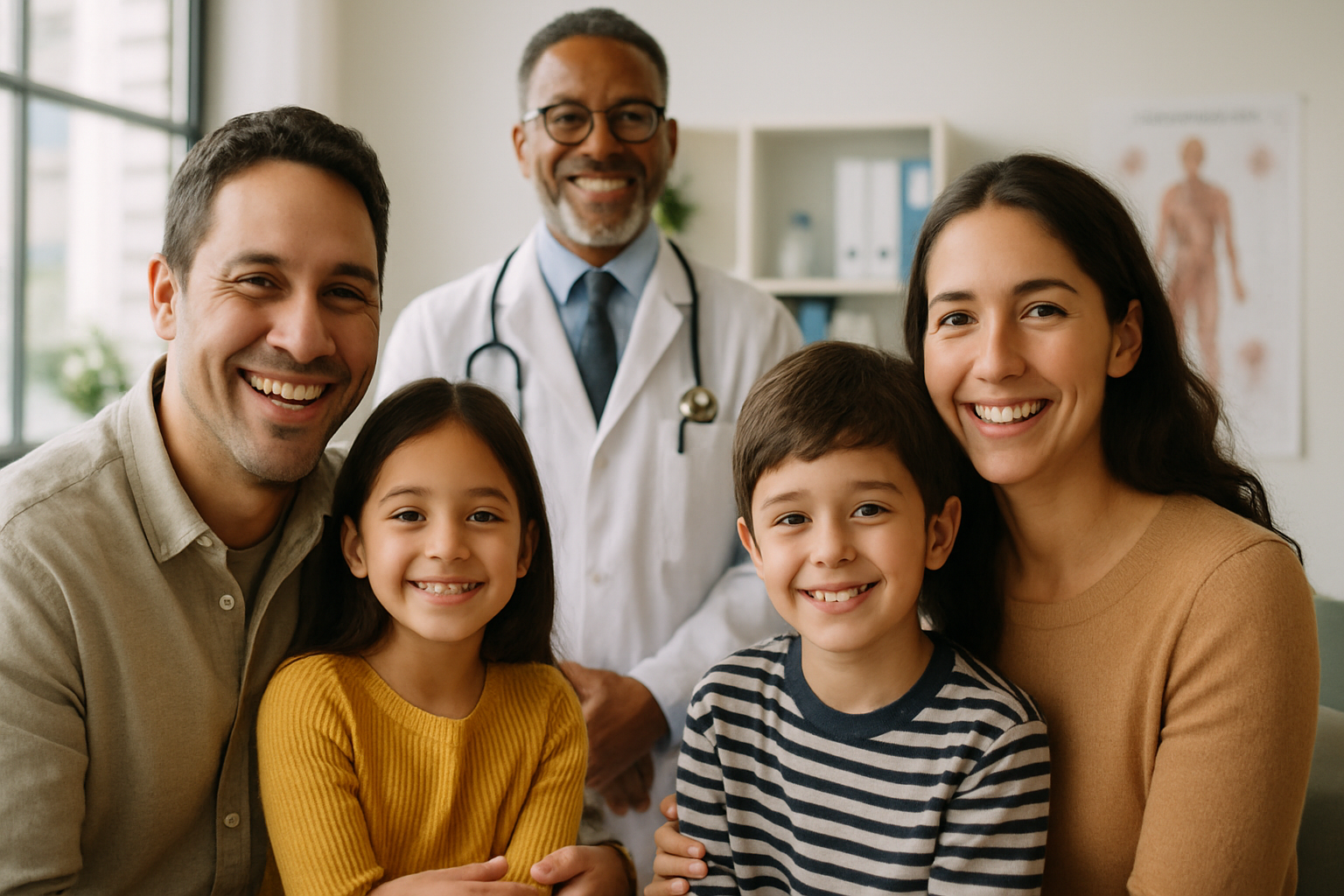 Familie mit Kindern im Ausland bei einem Arztbesuch, freundlicher Doktor im Hintergrund