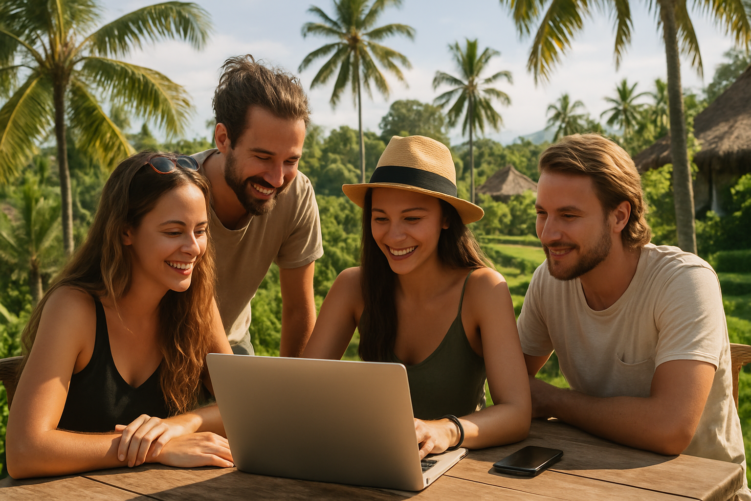 Digitale Nomaden arbeiten an einem Laptop mit tropischem Bali-Hintergrund