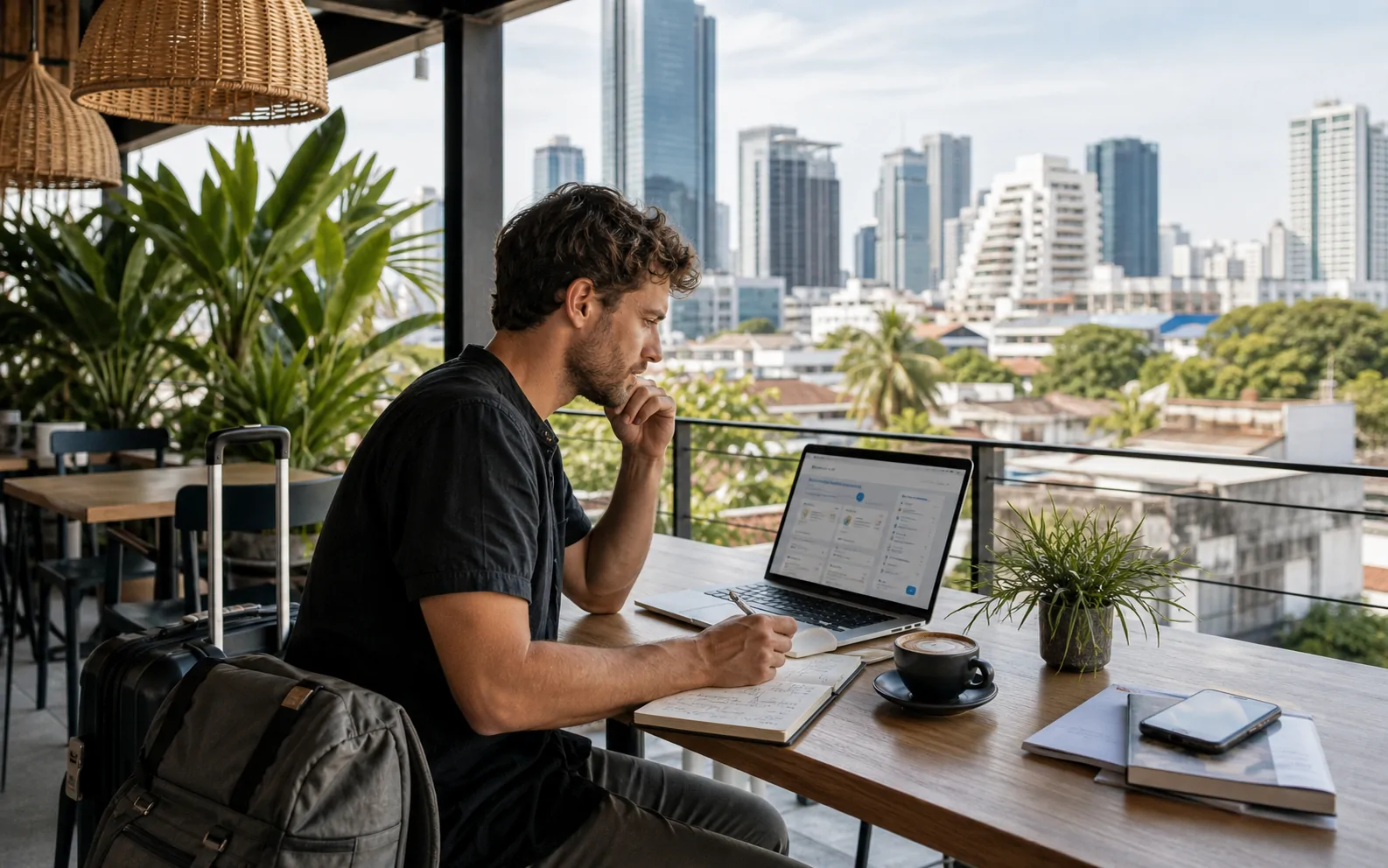 Digitaler Nomade prueft Krankenversicherung im internationalen Coworking-Umfeld