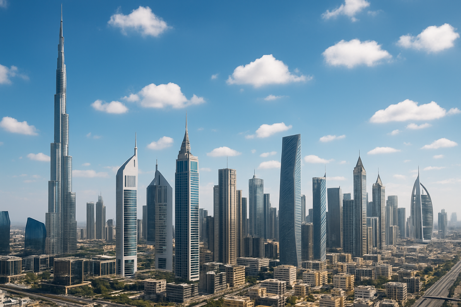 Moderne Skyline von Dubai mit Wolkenkratzern und blauer Himmel