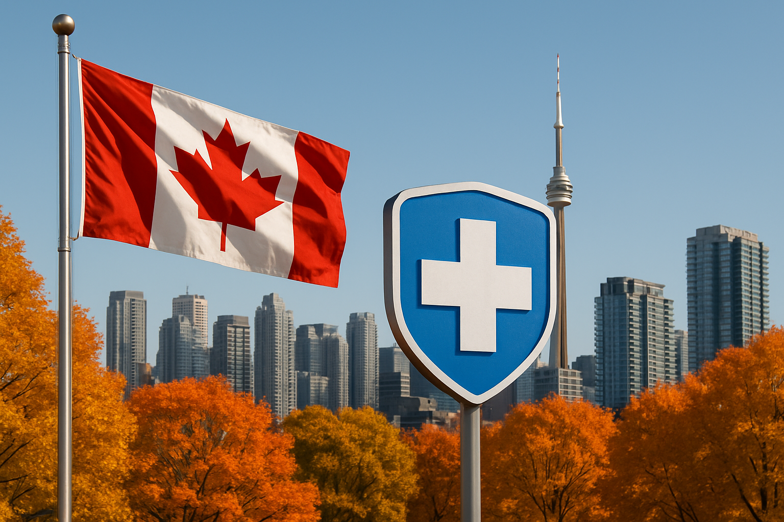 Kanadische Flagge mit Krankenversicherungssymbol vor einer Skyline mit Ahornbäumen