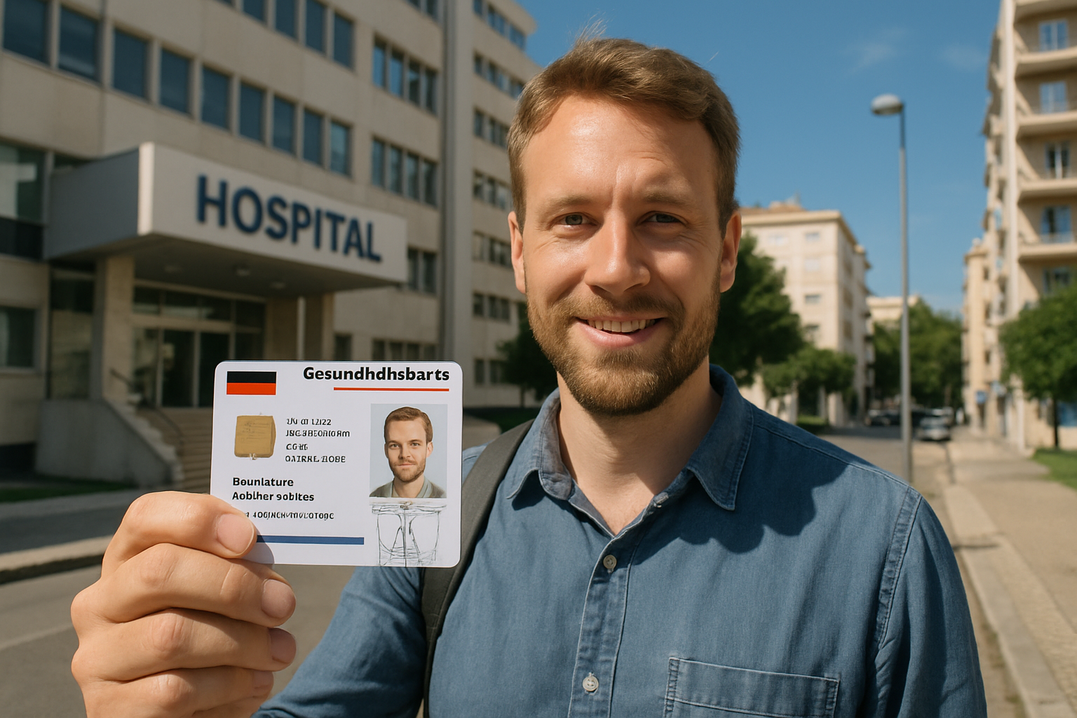 Deutscher Auswanderer in Portugal mit Krankenversicherungskarte in der Hand vor einem Krankenhaus