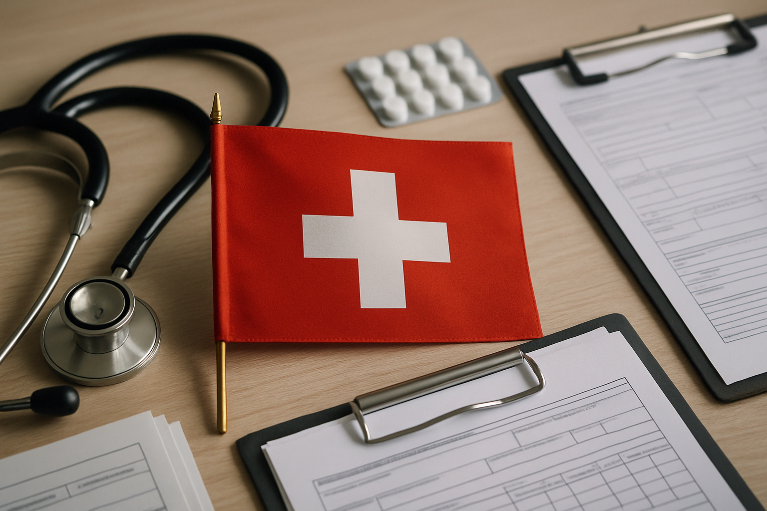 Symbolbild Krankenversicherung Schweiz mit Schweizer Flagge und medizinischen Elementen