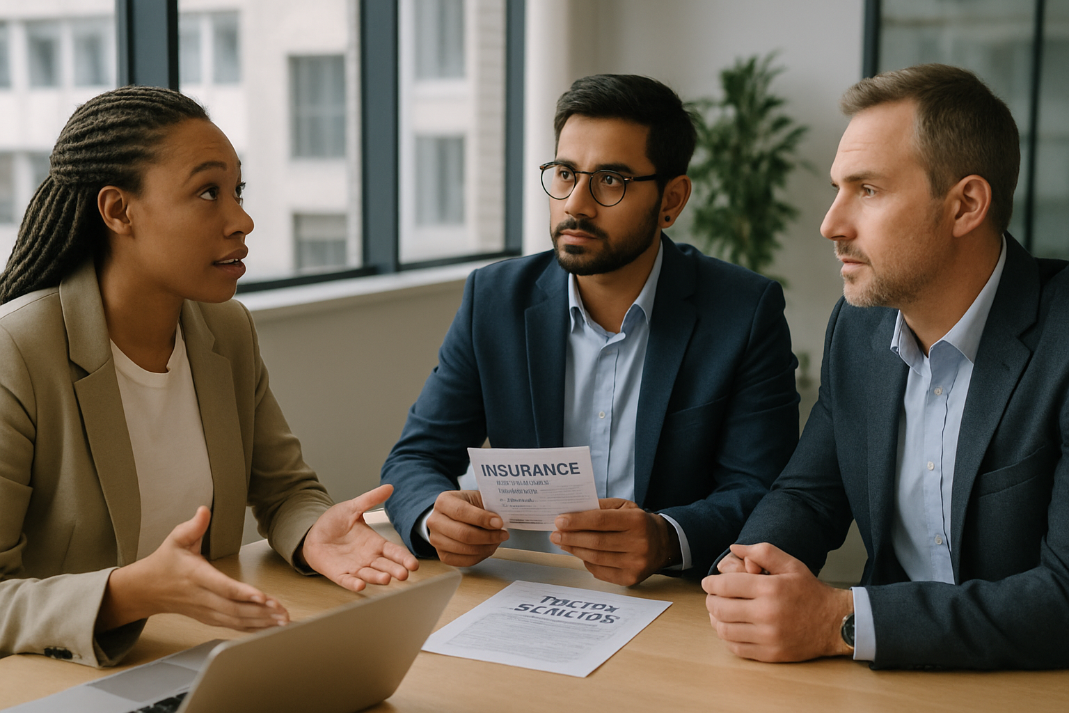 Expats besprechen ihre Reiserückkehr und Versicherungssituation in einem modernen Büro
